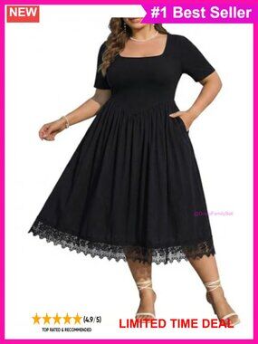 Plus Size Midi Dress Short Puff Sleeve Square Neck A-Line with Pockets
